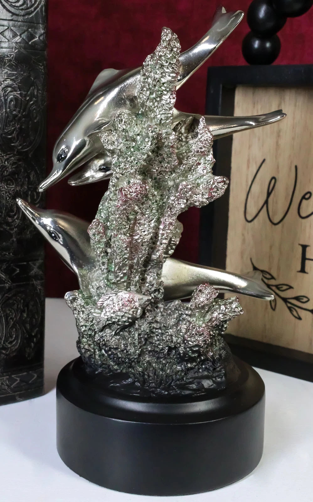 Nautical Marine Sea Dolphins By Coral Reef Silver Electroplated Resin Figurine-2