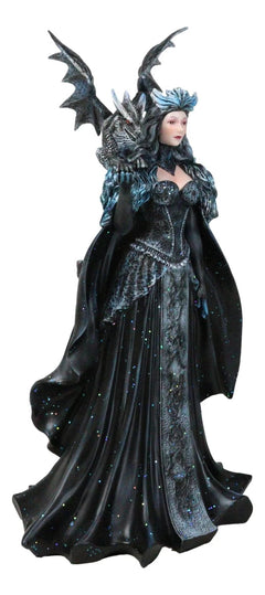 Large Gothic Necromancy Black Dragon Witch Dark Queen In Long Gown Statue-8