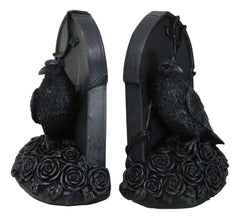 Raven Figurine, 8" Crow Perching on Black Roses Tombstone Gothic Figurine Bookends for Shelf, Desk, Home, or Gothic Room Decor Collectible-6