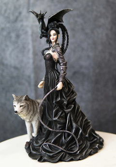 Gothic Maestra Maleficent Witch Fairy With Alpha Wolf and Black Dragon Statue-1