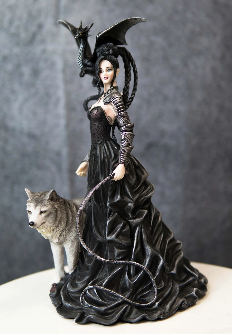Gothic Maestra Maleficent Witch Fairy With Alpha Wolf and Black Dragon Statue-1