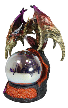 Metallic Red Gold Armored Dragon On Volcano Lava Rock With LED Optic Ball Statue-5