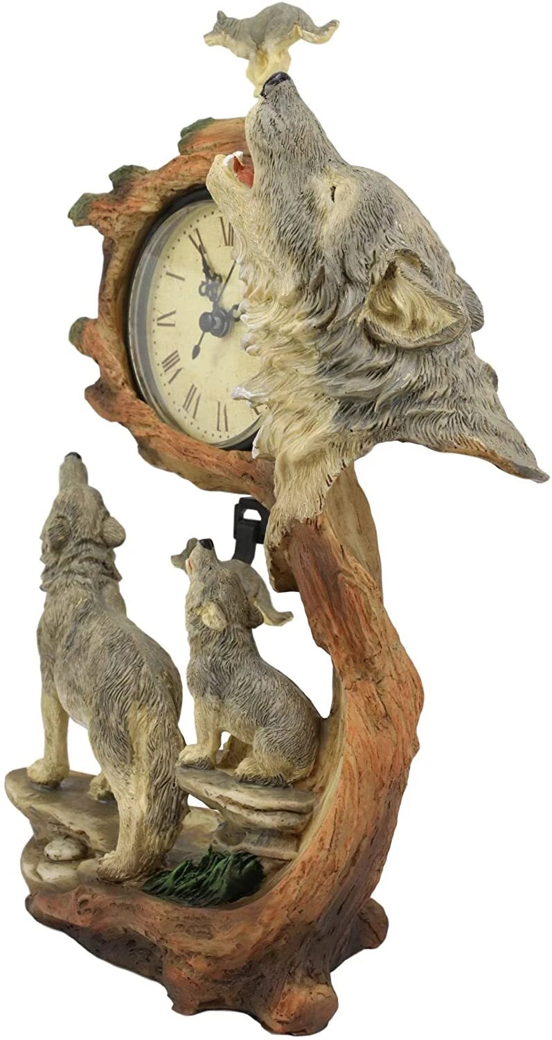 Howling Gray Wolves Family Table Clock with Pendulum 10.5" Height Decor-5