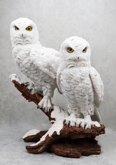 Mystical Two White Snowy Owl Couple Perching On Tree Branch Statue 12.25"Tall-4