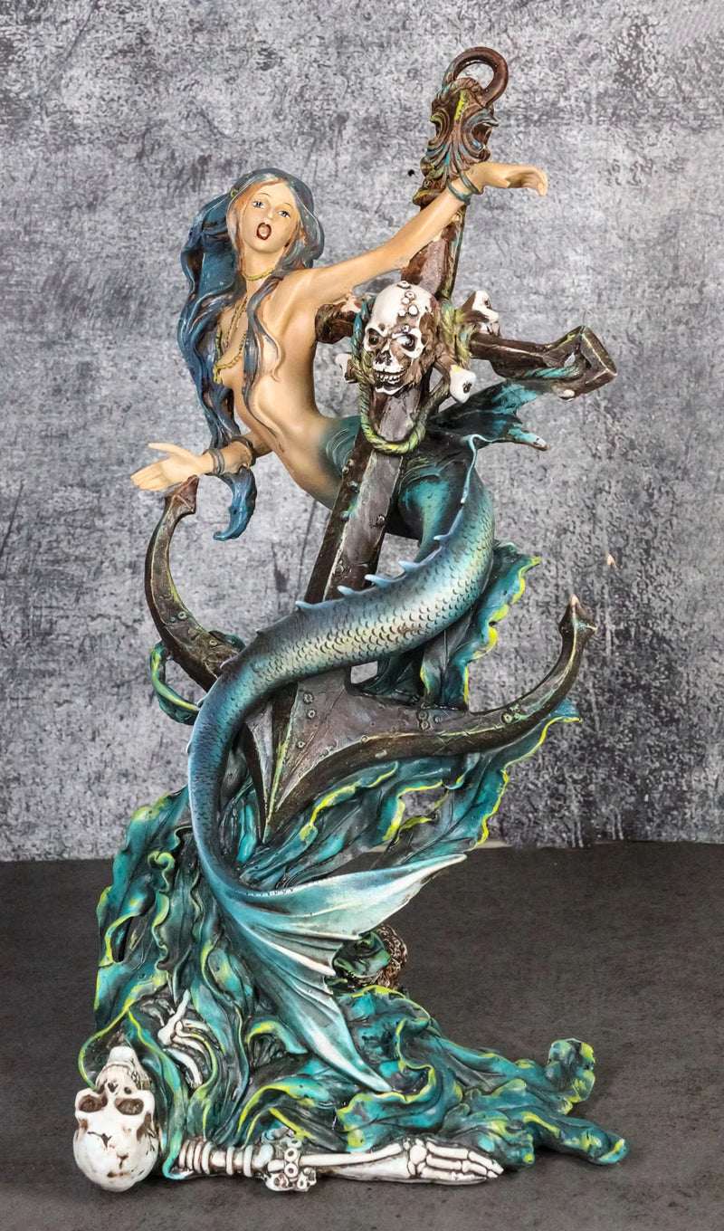 Siren Mermaid Holding Ship Anchor with Skulls On Ocean Waves Home Decor Figurine-1