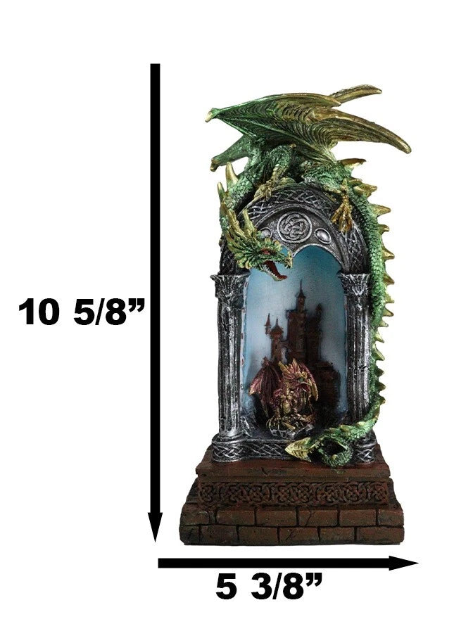 Green Dragon Perching On Celtic Arch Columns With Red Wyrmling LED Light Statue-8