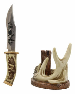 Western Rustic 8 Point Buck Stag Deer Antlers Display With Bear Sculpted Dagger-5