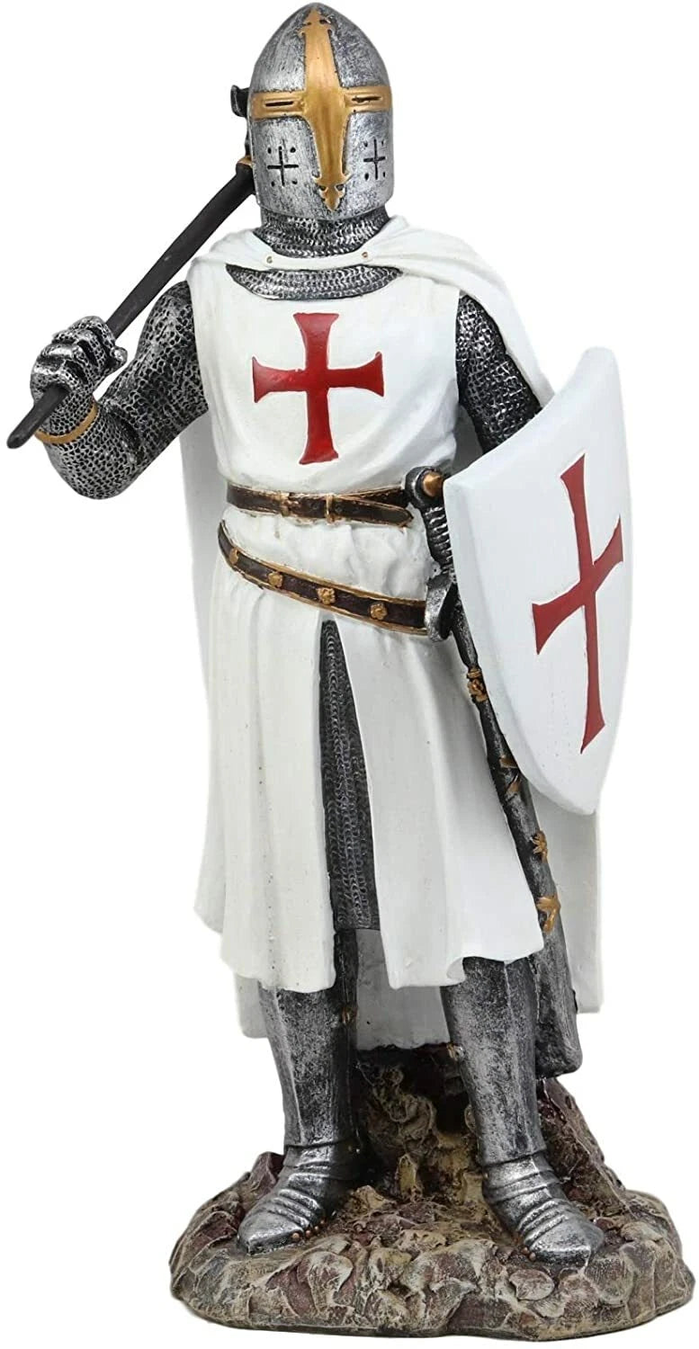 White Cloak Caped Medieval Crusader Bardiche Axeman Knight Statue Figurine-3