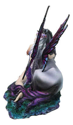 Purple Tribal Fairy Sitting With Midnight Key Lock Dark Unicorn Figurine 14.5"L-6