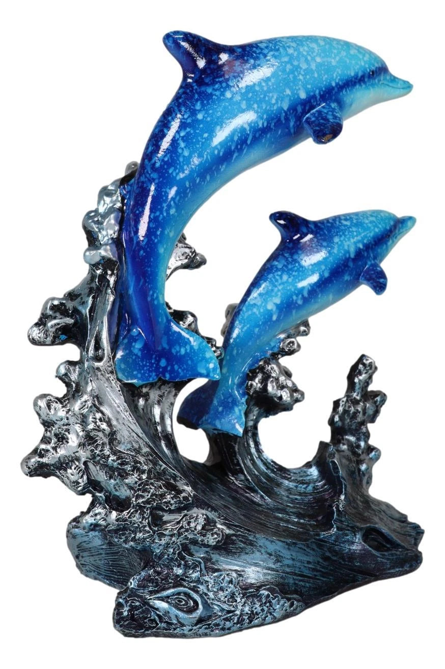 Nautical Marine Sea Ocean 2 Blue Dolphins Swimming Over Reef Waves Figurine-6