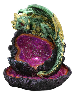 Wyrmling Dragon On Crystal Geode Rock Backflow Incense Burner Statue With LED-2