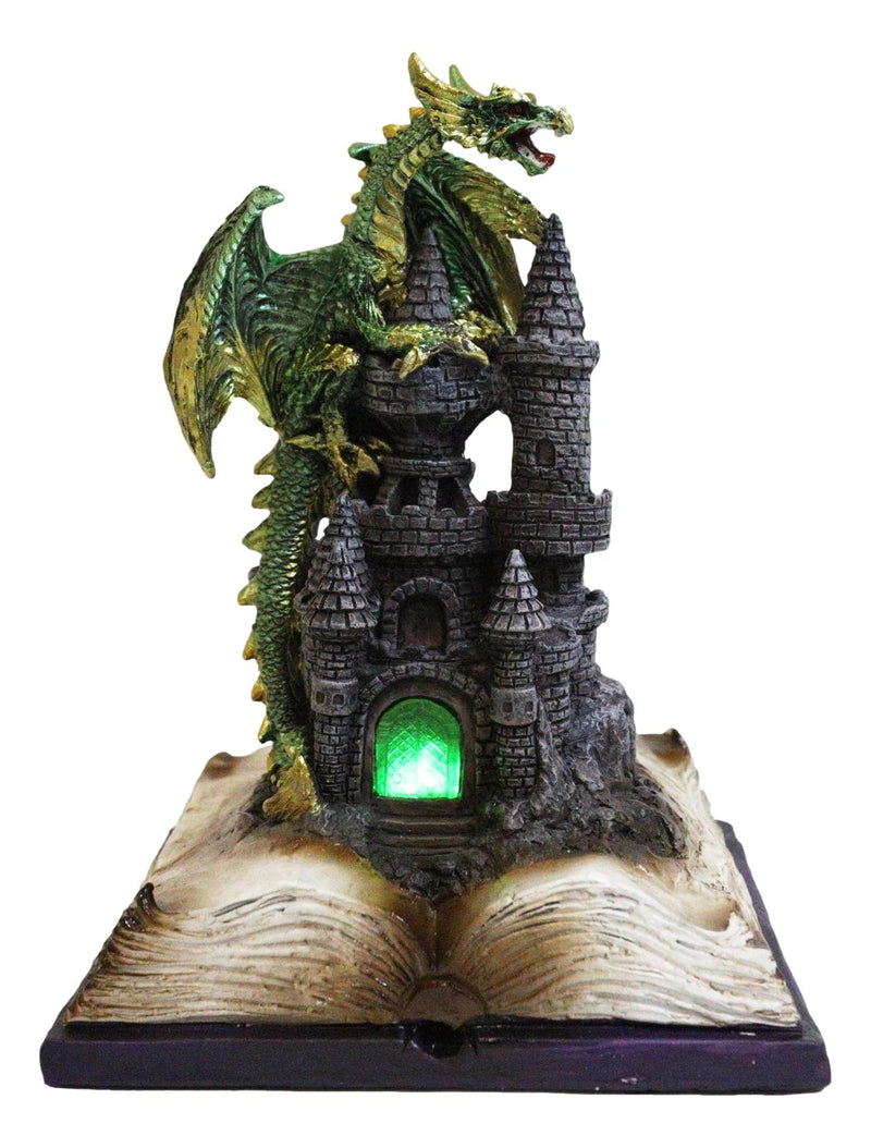 Medieval Green Dragon Perching On LED Castle With Book of Spells Figurine-6