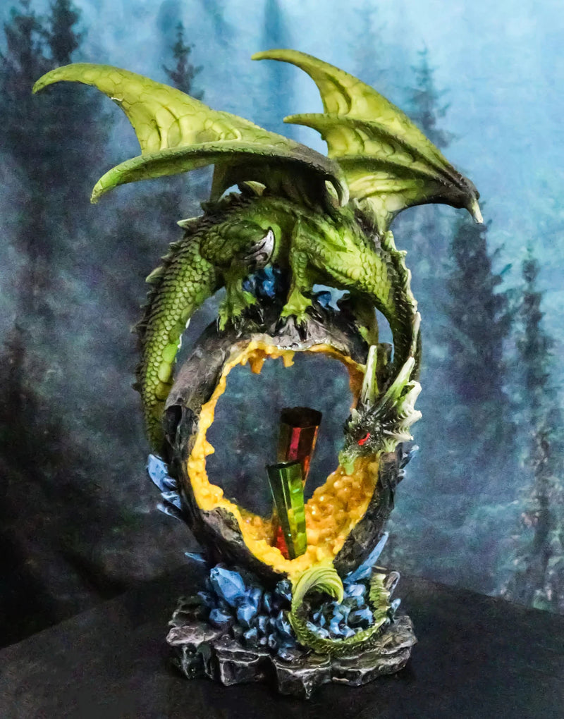 Green Dragon Guarding Faux Geode Crystal Arch Rock With Rainbow Icicle Figurine-1