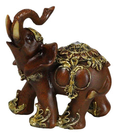Feng Shui Faux Wood Left Facing Trunk Up Elephant With Golden Tapestry Figurine-3
