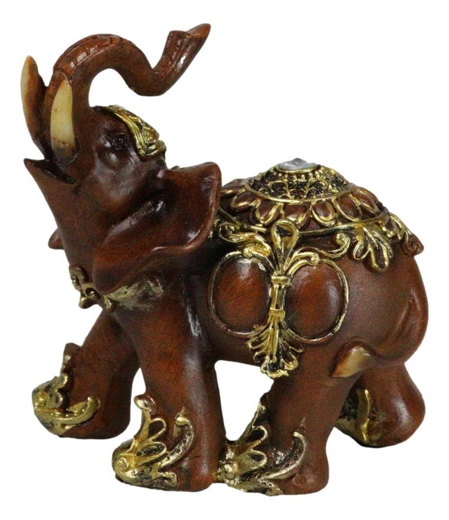 Feng Shui Faux Wood Left Facing Trunk Up Elephant With Golden Tapestry Figurine-3
