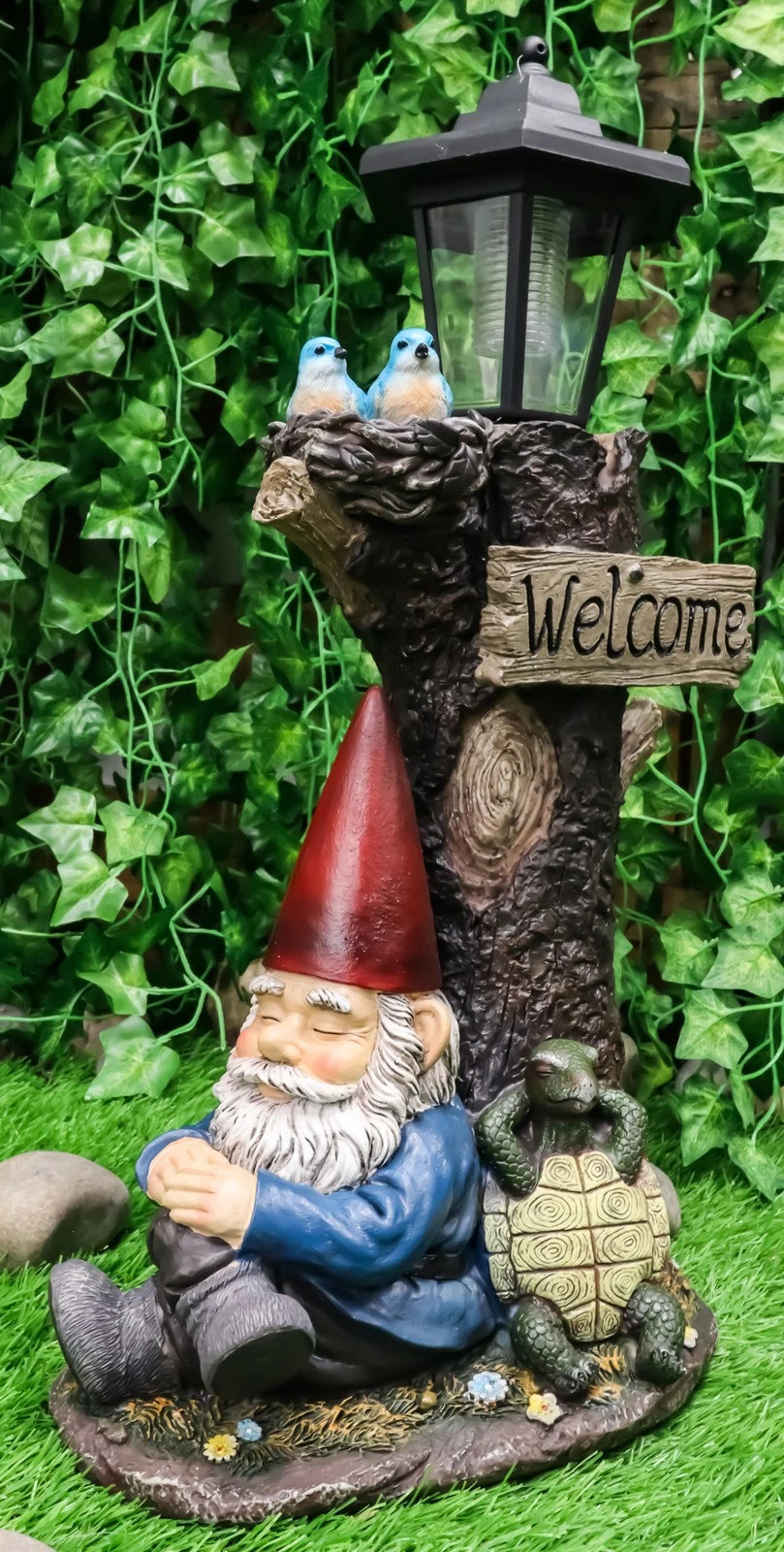 Summer Slumber Gnome With Buddy Turtle Solar Path LED Light Garden Statue-8