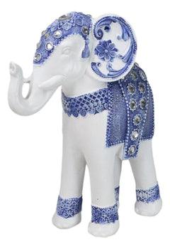 Feng Shui Ming Style Blue And White Ornate Design With Crystals Elephant Statue-8