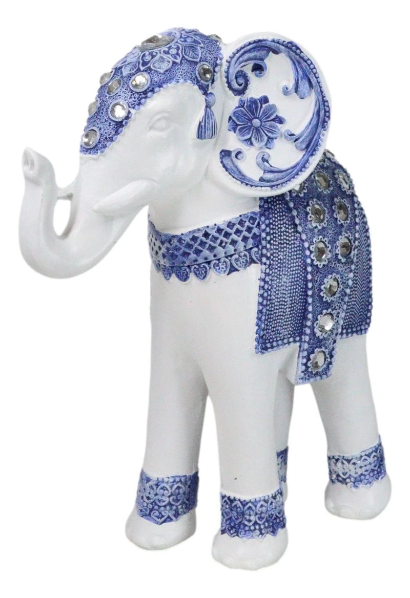 Feng Shui Ming Style Blue And White Ornate Design With Crystals Elephant Statue-8