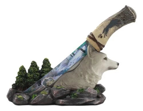 Gray Wolf In Forest Centerpiece With Hunting Knife Letter Opener Statue-7