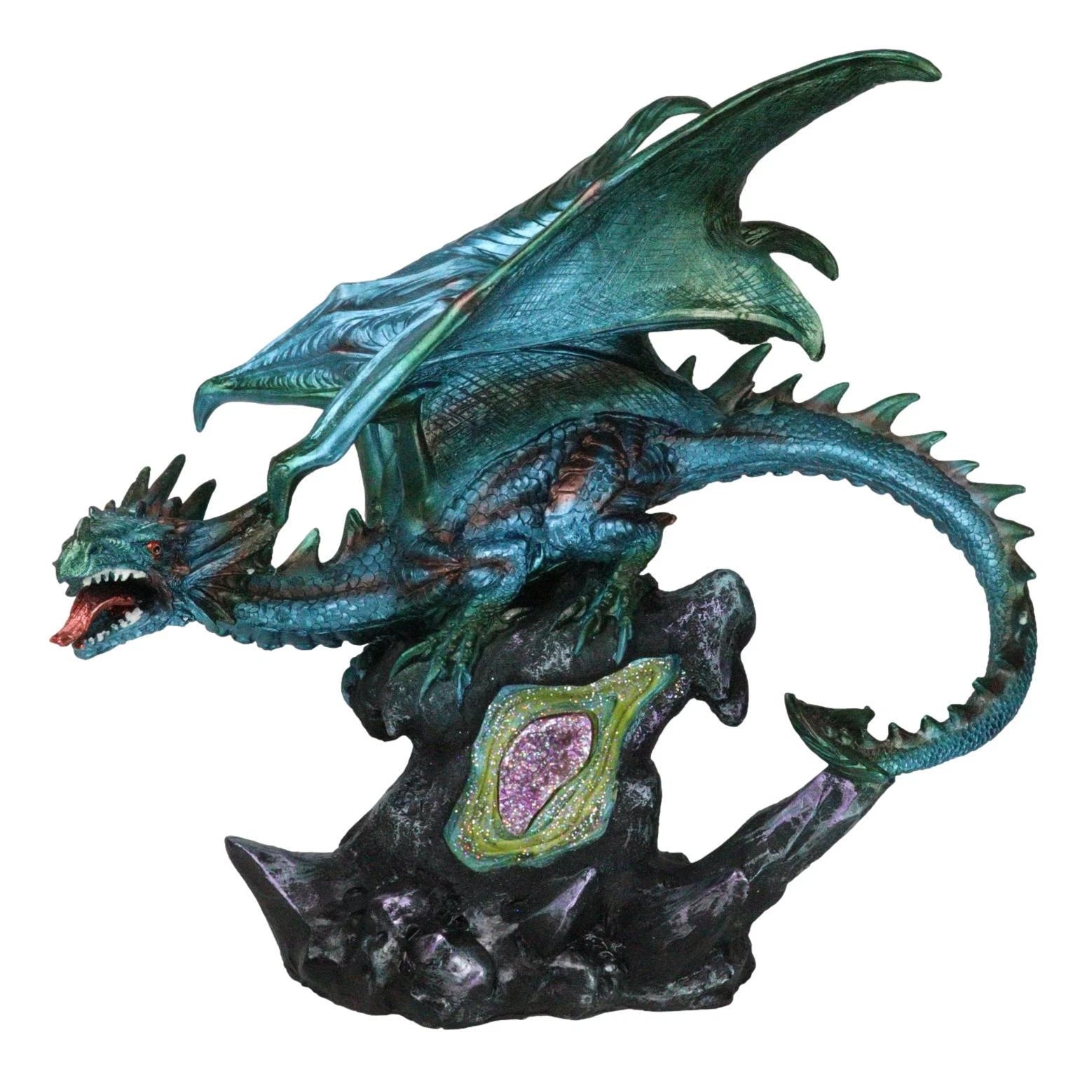 Large Aquamarine Iridescent Dragon Guarding LED Faux Crystal Geode Rock Figurine-7