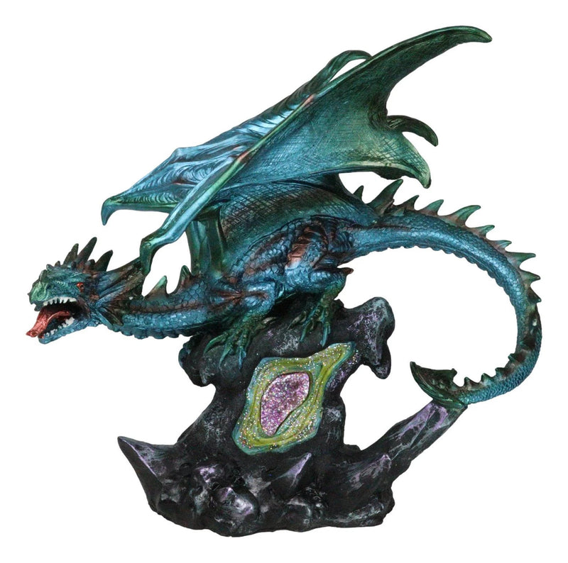 Large Aquamarine Iridescent Dragon Guarding LED Faux Crystal Geode Rock Figurine-7
