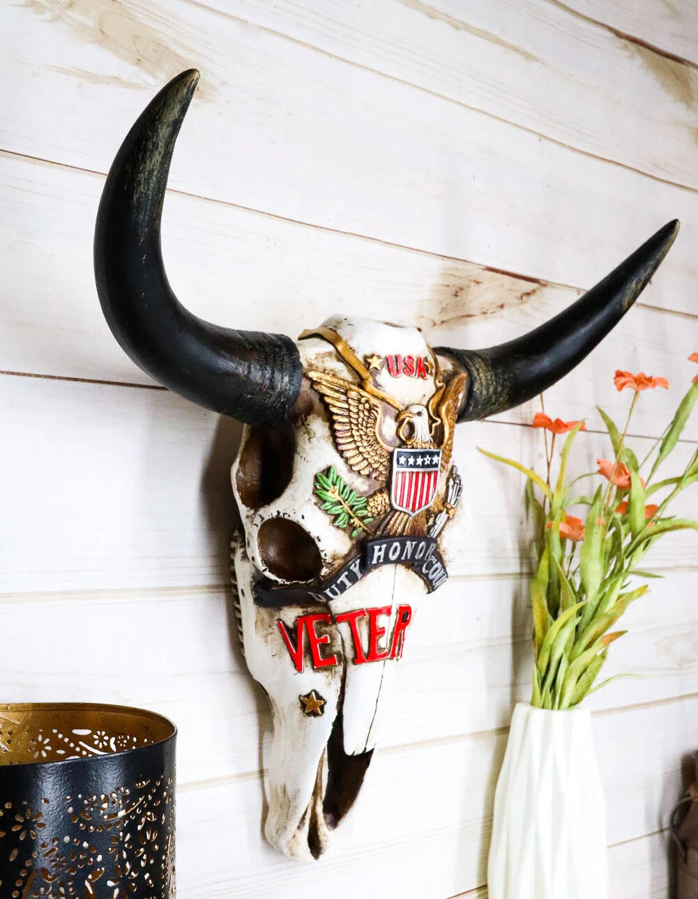 Western Veteran USA Great Seal Eagle Emblem Patriotic Cow Skull Wall Decor-2