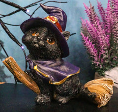 Halloween Black Cat with Witch Hat and Cape Riding Magical Broomstick Figurine-1