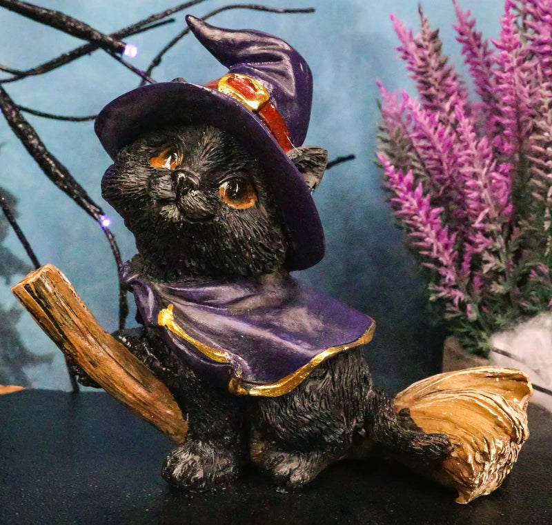 Halloween Black Cat with Witch Hat and Cape Riding Magical Broomstick Figurine-1
