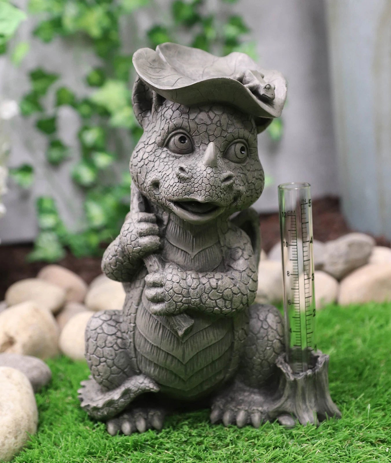 Raindrops Keep Falling On My Head Dragon With Lilypad Umbrella Rain Gauge Statue-4