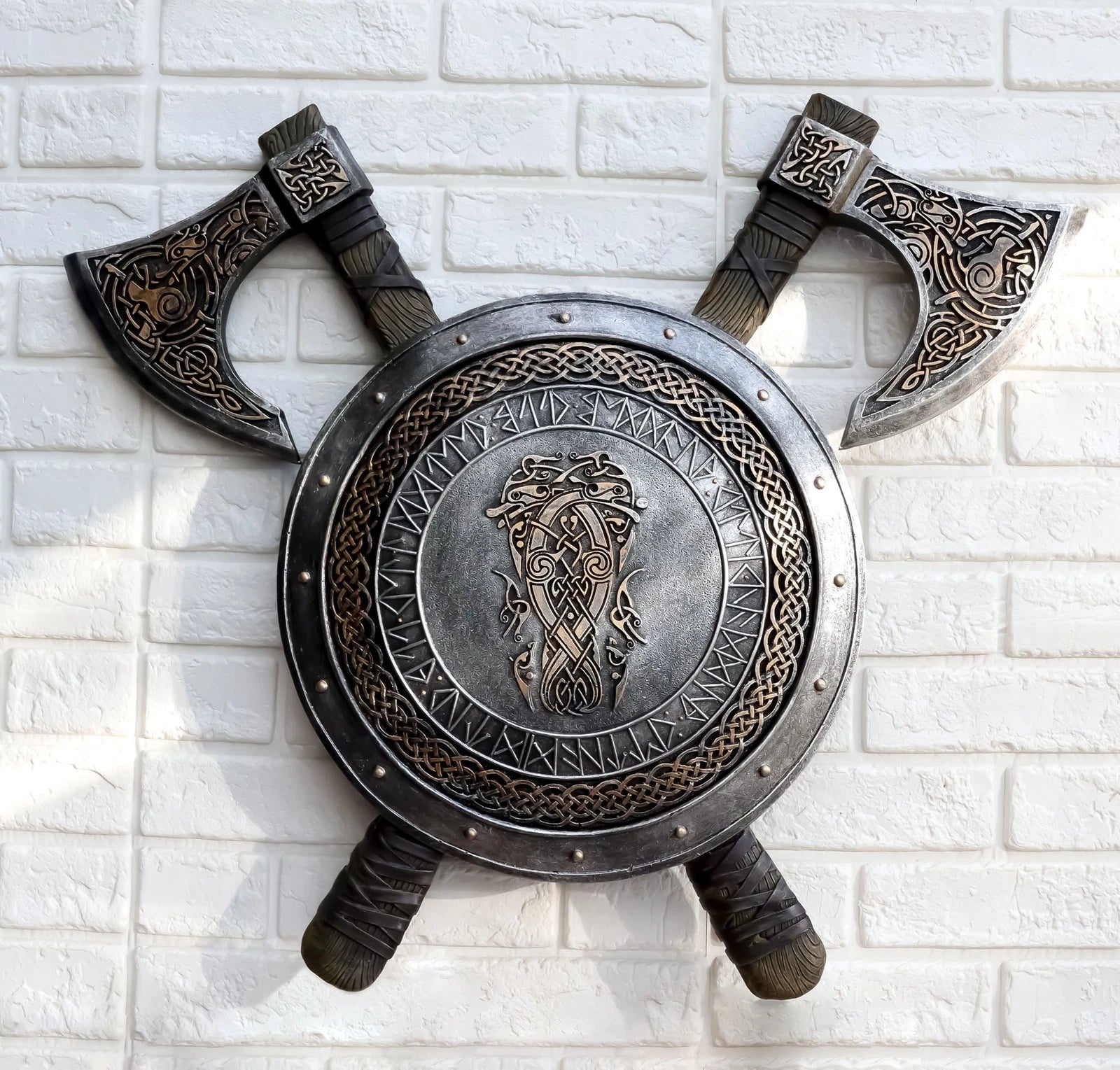 Viking Warrior Coat of Arms Ragnar Serpent Shield With Crossed Axes Plaque-7
