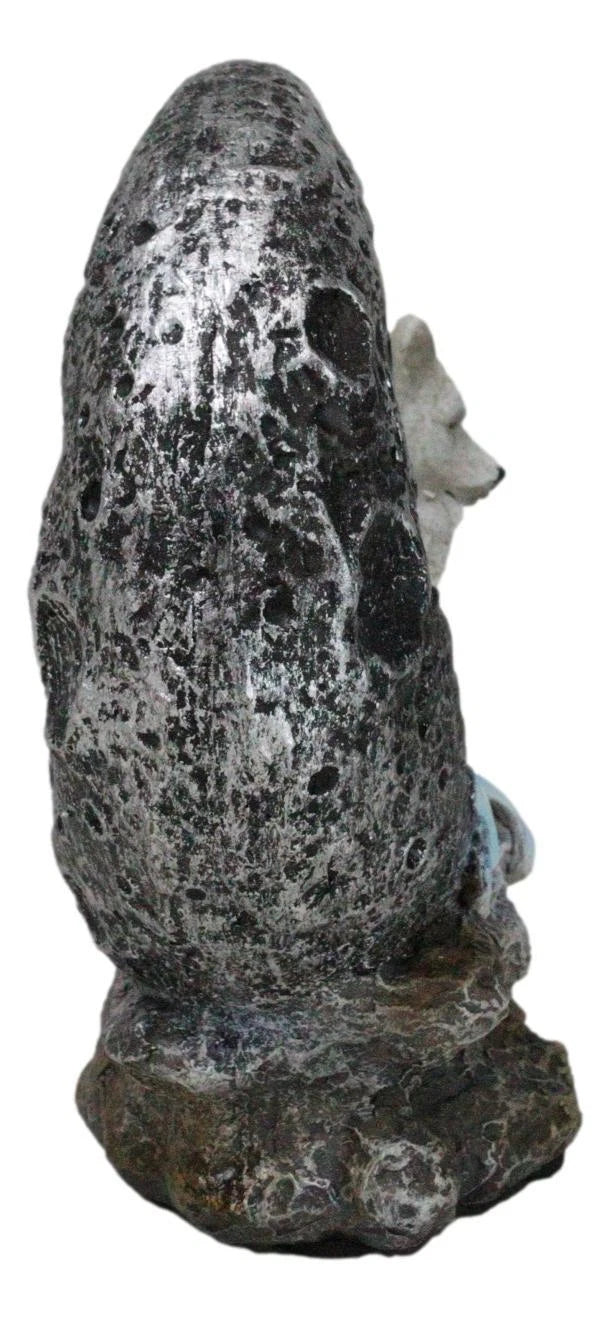 Winter Snow White Wolf With Pup Cub By Snowy Crater Crescent Moon Figurine-5