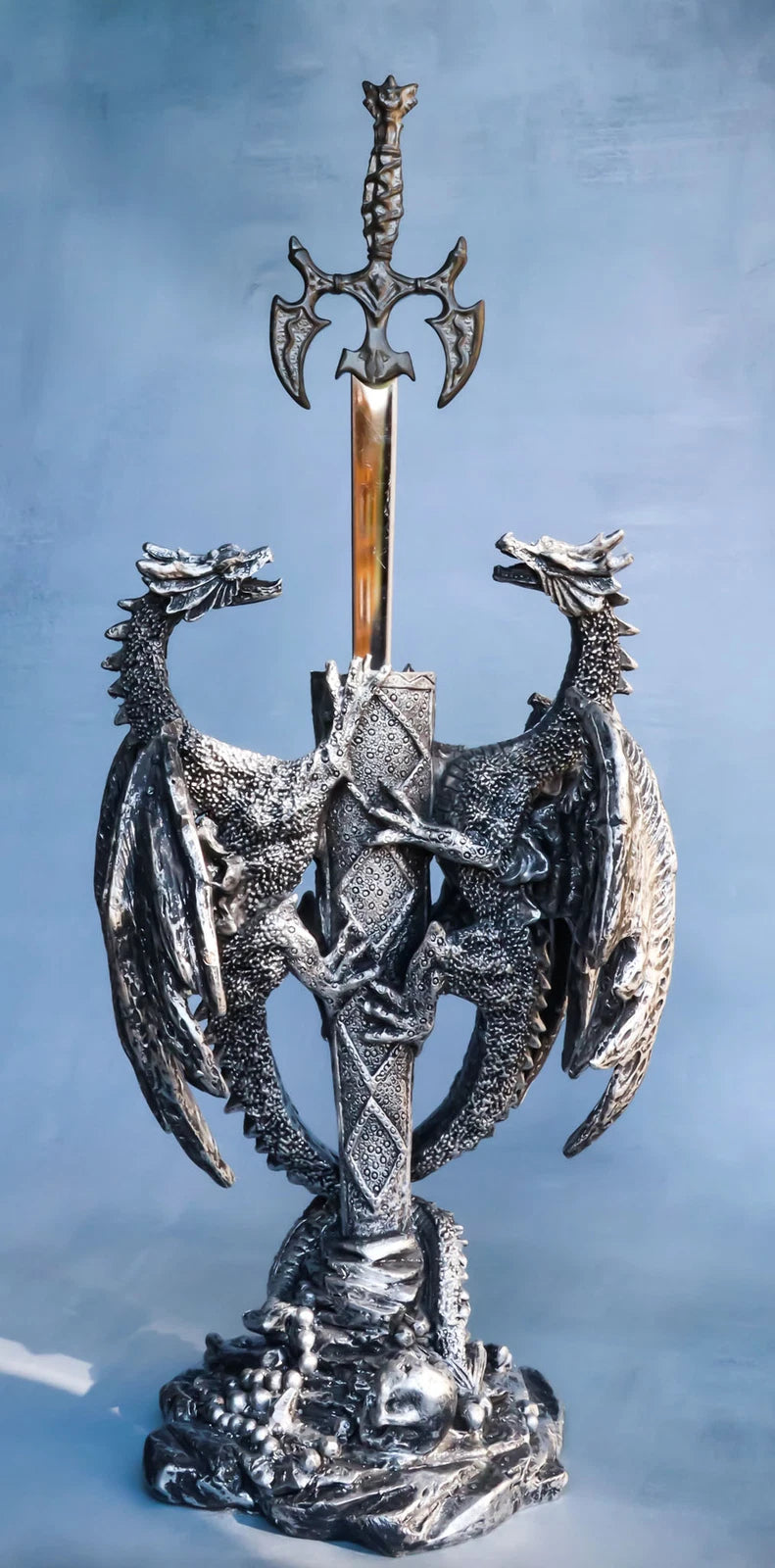 Figura abrecartas de fantasía gótica con dragón doble trepador y espada Excalibur-2