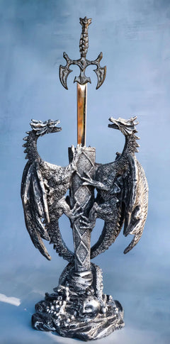 Figura abrecartas de fantasía gótica con dragón doble trepador y espada Excalibur-2