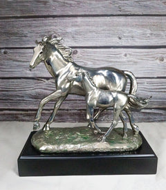 Western Horse and Foal Chrome Electroplated Resin Figurine With Museum Base-1