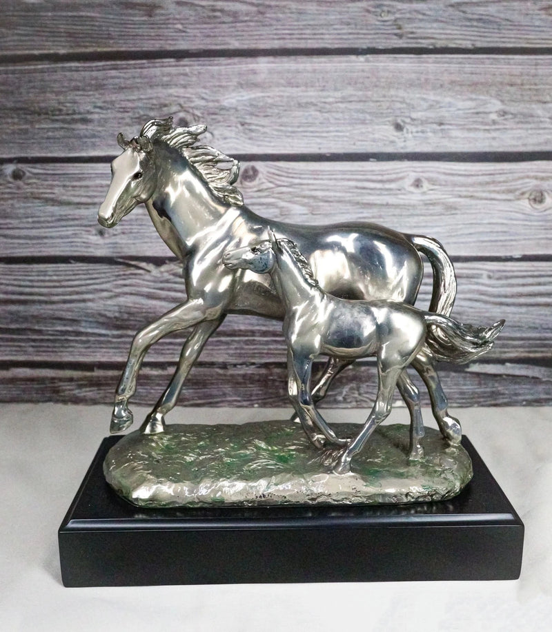 Western Horse and Foal Chrome Electroplated Resin Figurine With Museum Base-1