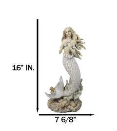 Marine Vintaged Pearly White Ariel Mermaid Sitting On Sea Rock Figurine 16" H-4