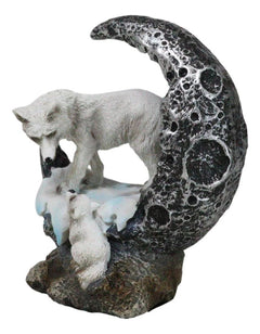 Winter Snow White Wolf Mother With Pup By Snowy Crater Crescent Moon Figurine-3