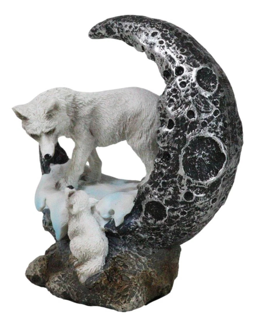 Winter Snow White Wolf Mother With Pup By Snowy Crater Crescent Moon Figurine-3