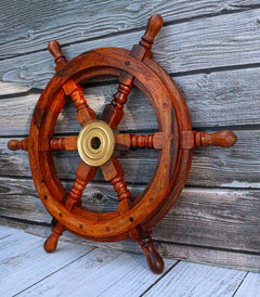 Nautical Marine Vintage Hardwood Wood & Brass Ship Steering Helm Boat Wheel 18"D-2