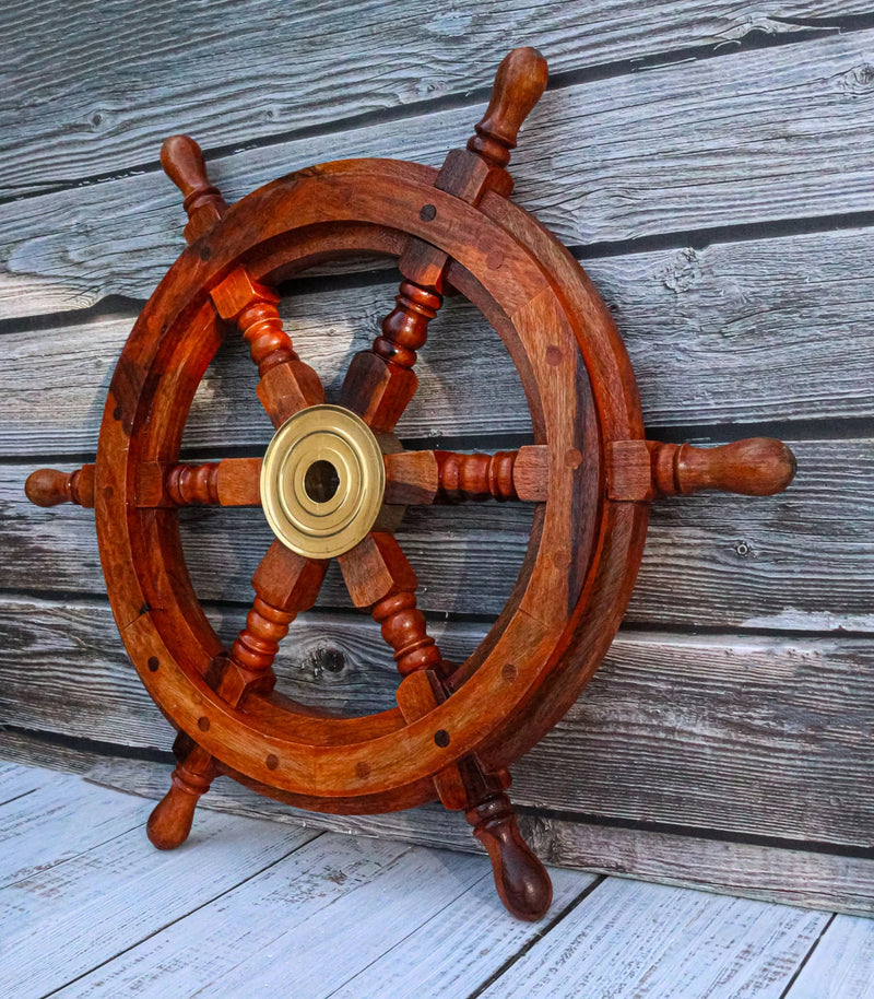 Nautical Marine Vintage Hardwood Wood & Brass Ship Steering Helm Boat Wheel 18"D-2