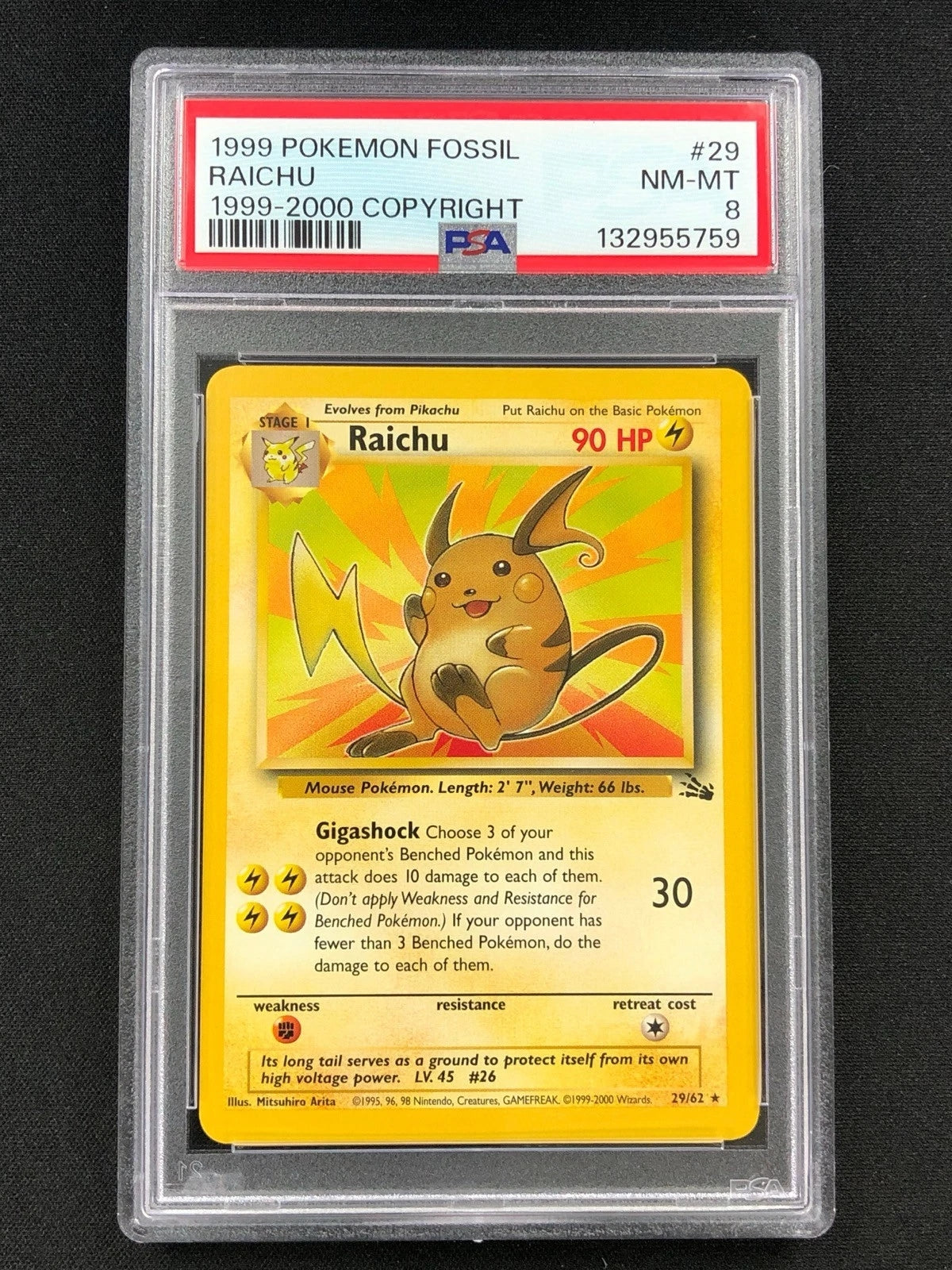 Pokemon 1999 Raichu 29/62 Fossil 1999-2000 Copyright PSA 8