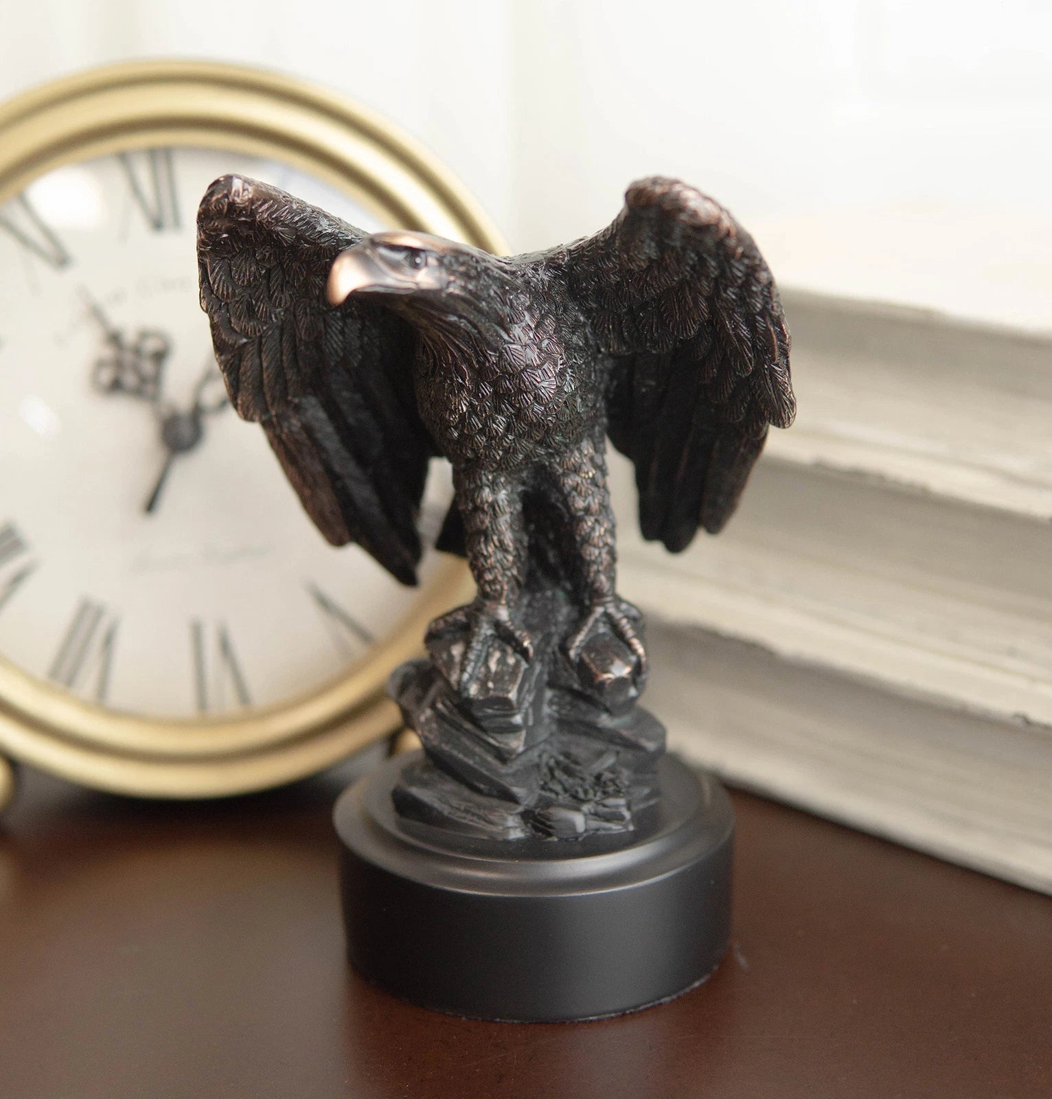 Surveyor Bald Eagle With Open Wings On Rock Electroplated Resin Statue