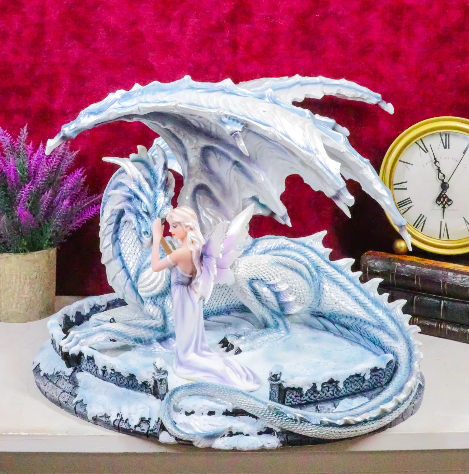 Large 15" Long Winter Blizzard Fairy with Giant White Dragon Statue-6