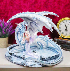Large 15" Long Winter Blizzard Fairy with Giant White Dragon Statue-6