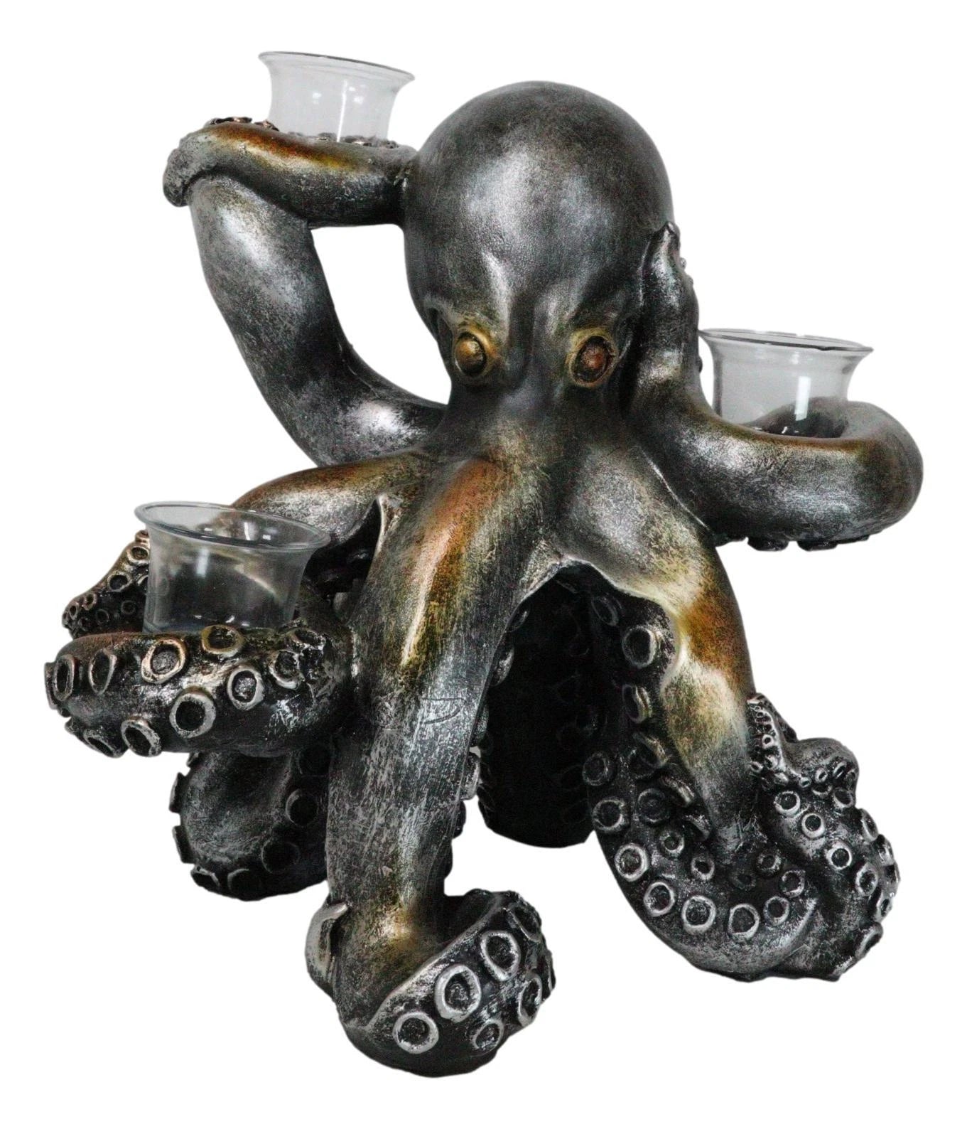 Large Rustic Bronze Deep Ocean Octopus Candle Holder Statue Kraken Sea Monster-4