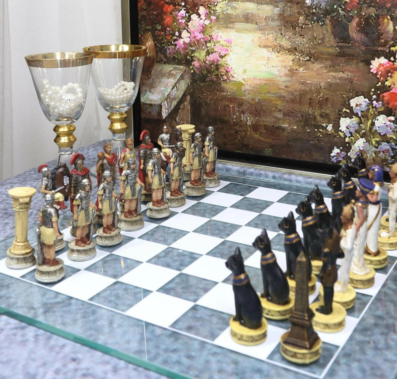Pharaoh Egyptian VS Caesar Roman Empire Resin Chess Pieces W/ Glass Board-3