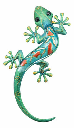 Crawling Green Metal Lizard Gecko with Blue Glass Body Wall Decor 18.5"L-2