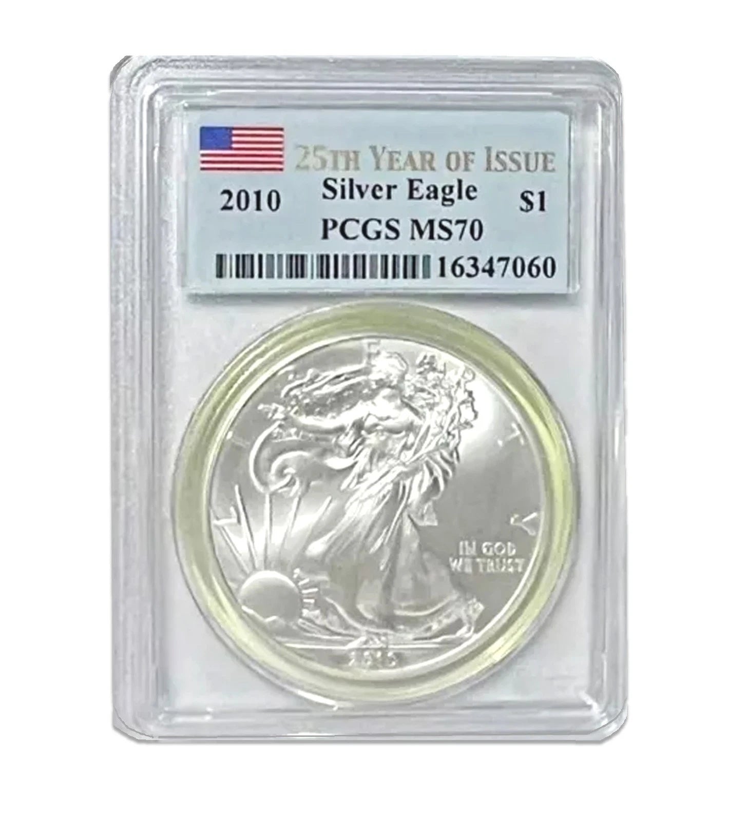 Moneda American Silver Eagle MS70 PCGS de $1 de 2010: 25.º año de emisión, primera acuñación-1