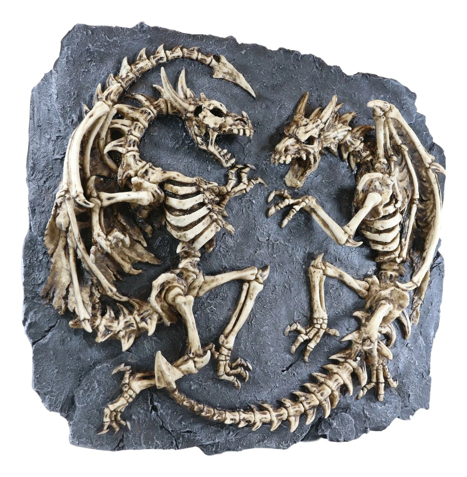 Faux Fossil Rock Block With 2 Dueling Skeleton Dragons Exotic Wall Decor Plaque-4