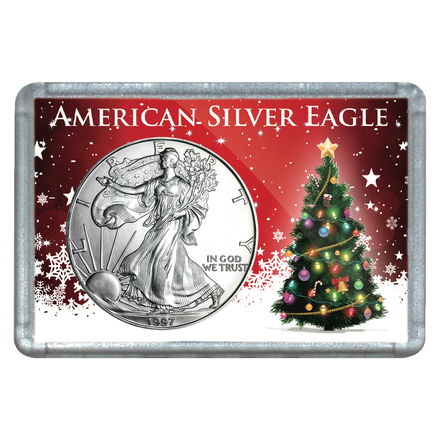 Moneda de plata americana de $1 de 1997 con diseño de árbol de Navidad